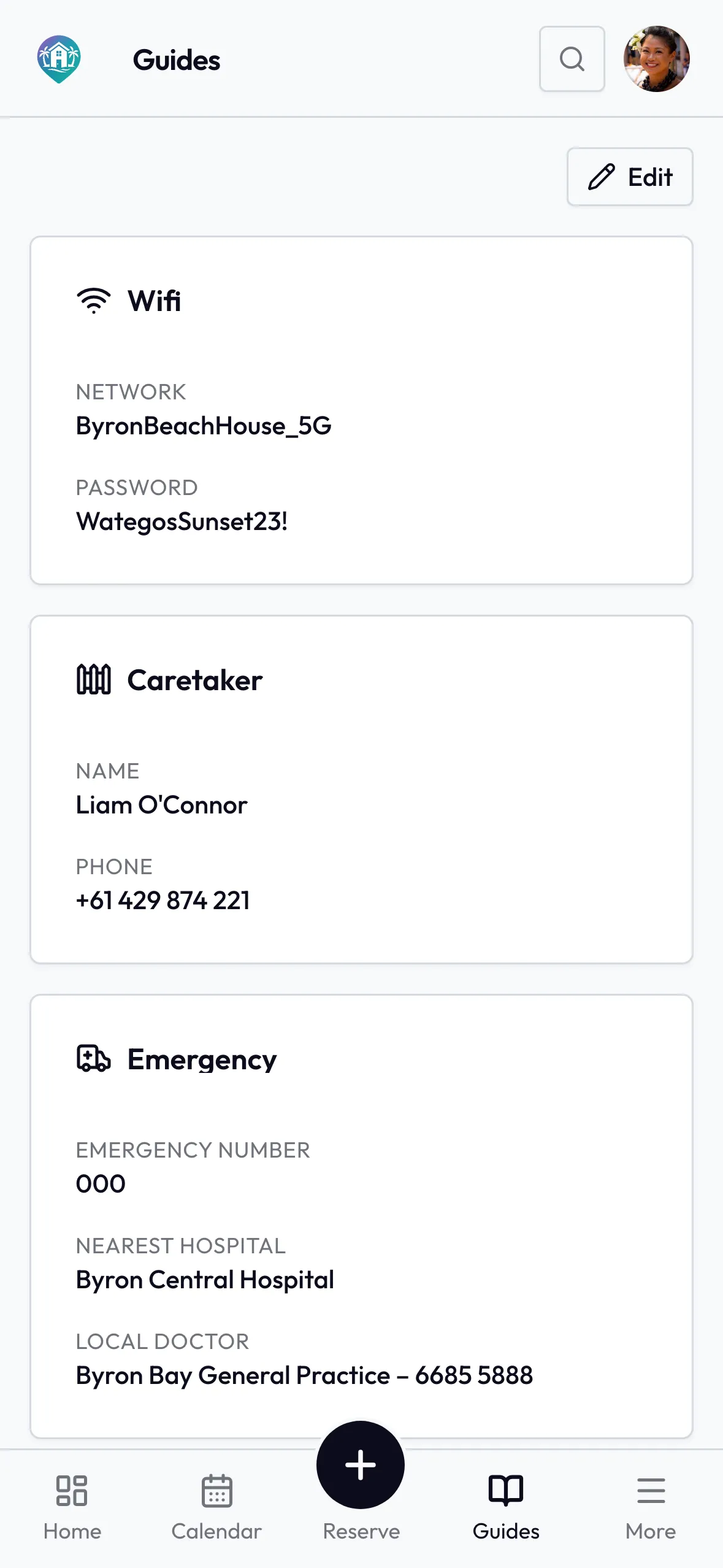 House guide showing guest-facing rules, Wi-Fi, and local information