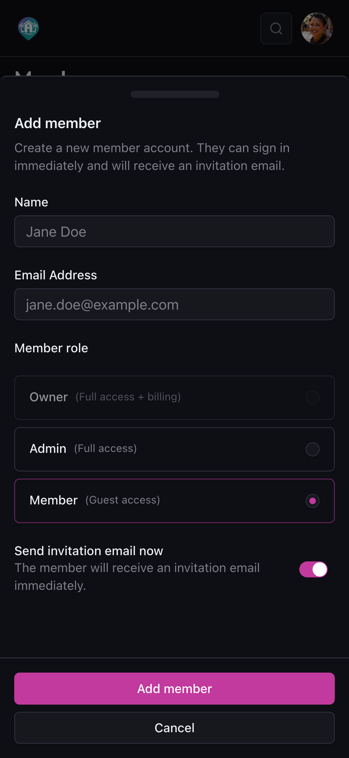 Members page for inviting holiday home co-owners