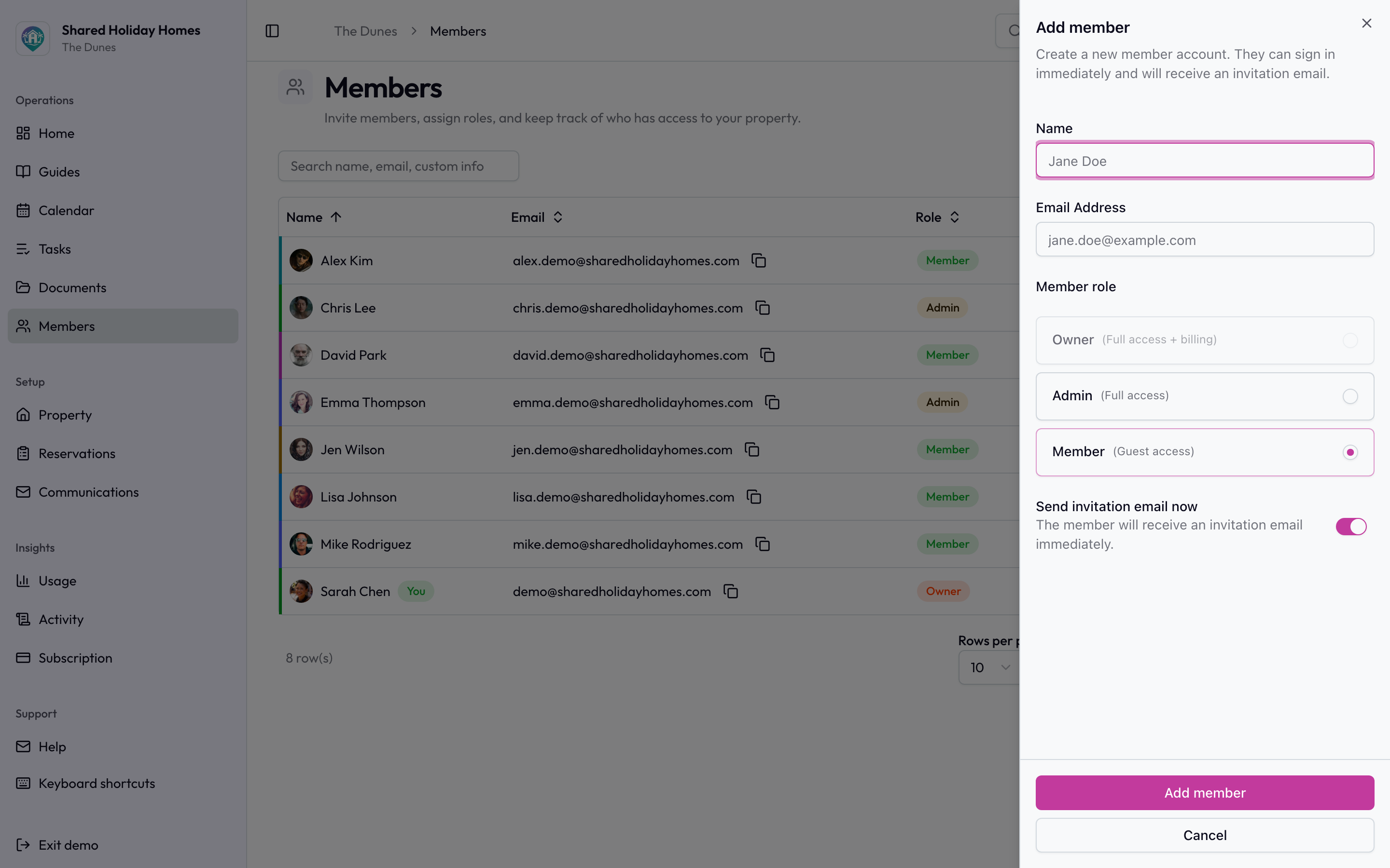 Members page for inviting holiday home co-owners