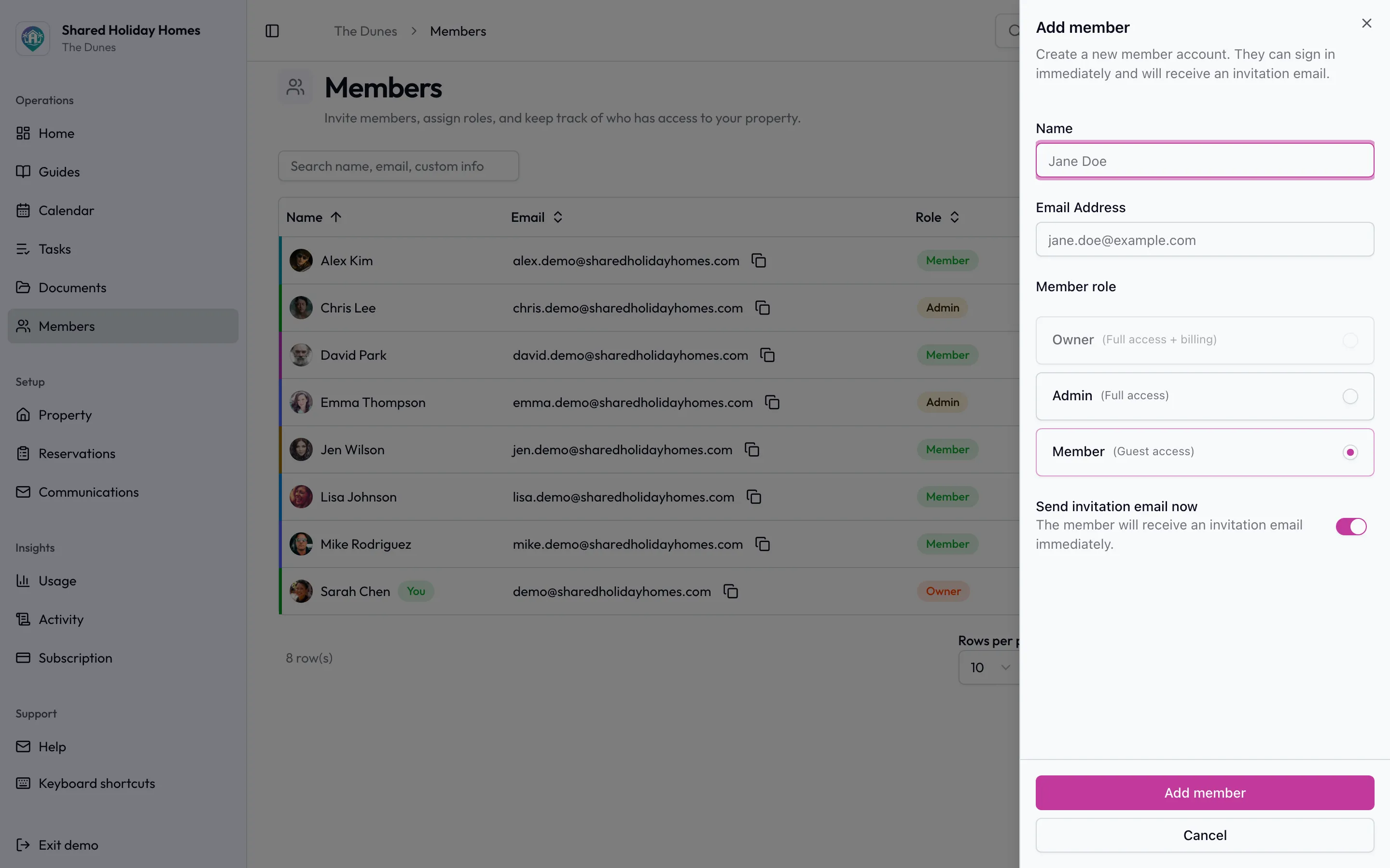 Members page for inviting holiday home co-owners