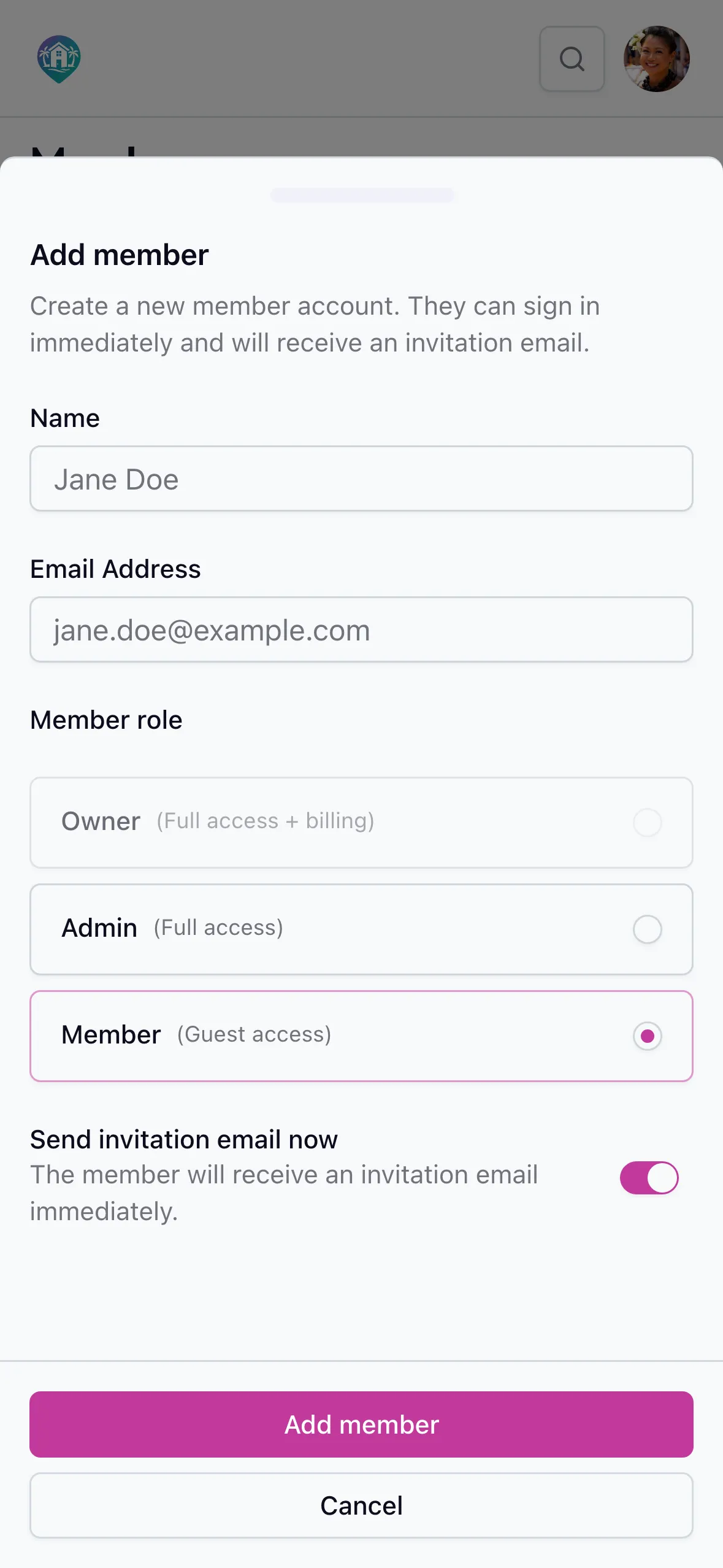 Members page for inviting holiday home co-owners