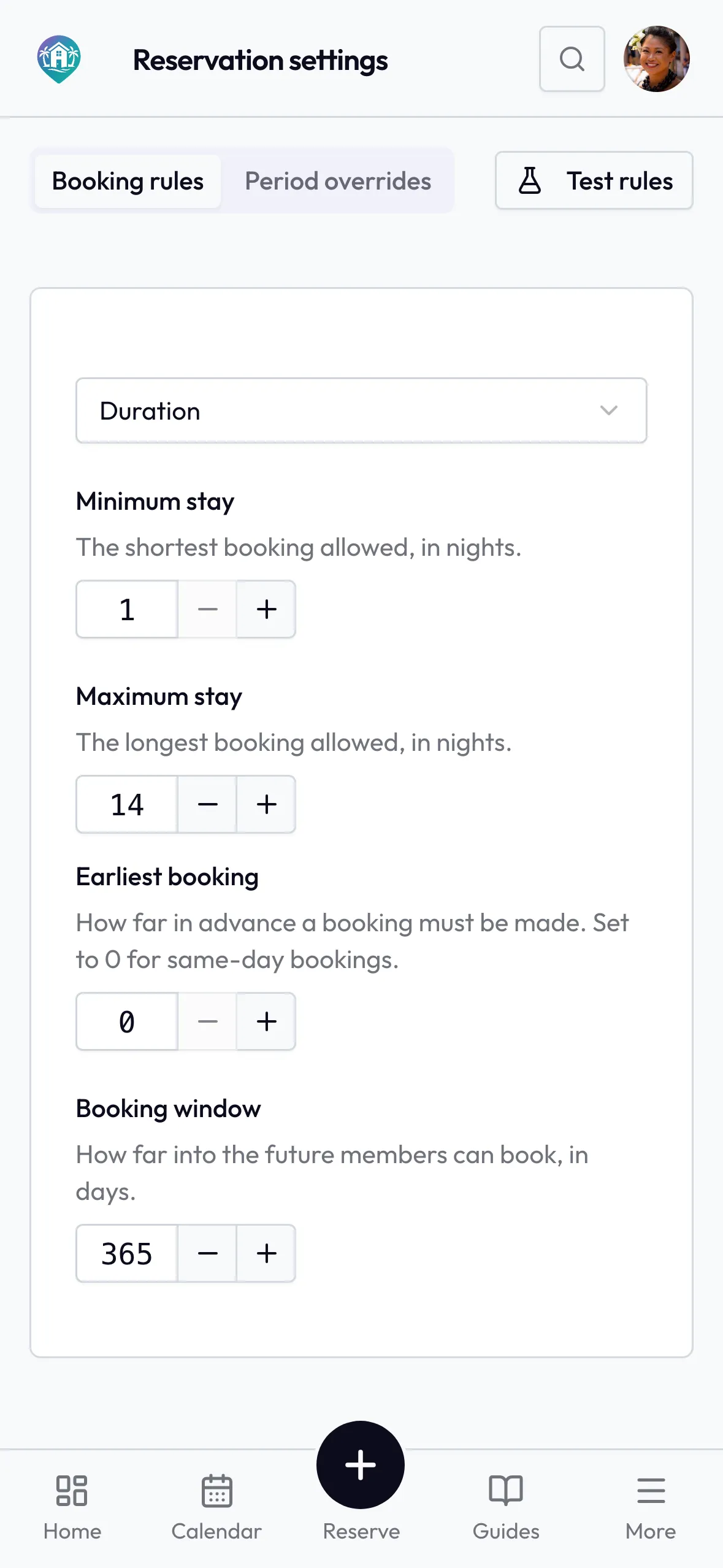 Booking rules for a first season, including stay lengths and how far ahead people can book