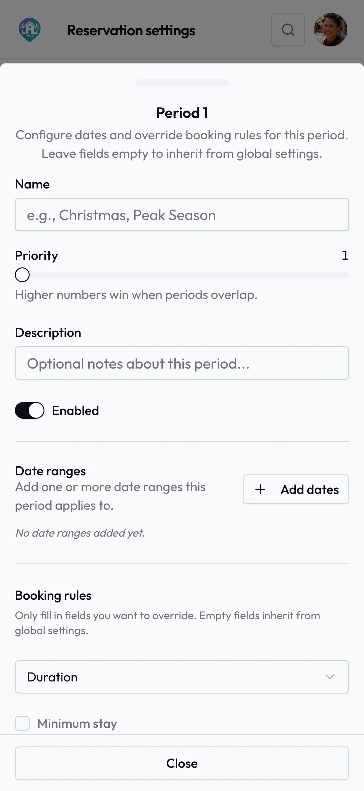 Peak-period booking overrides for Christmas and school holidays