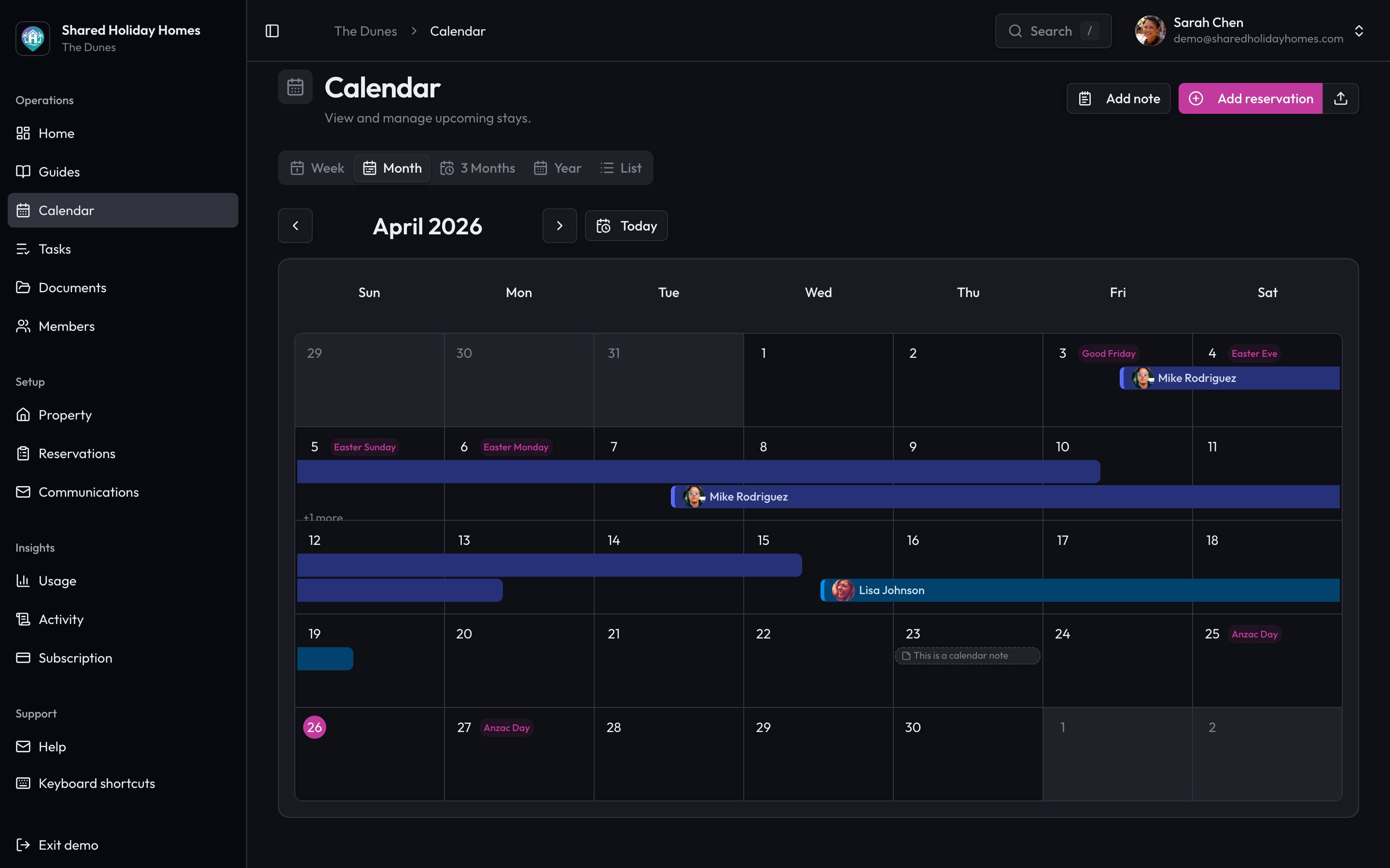 Holiday home calendar showing who's staying