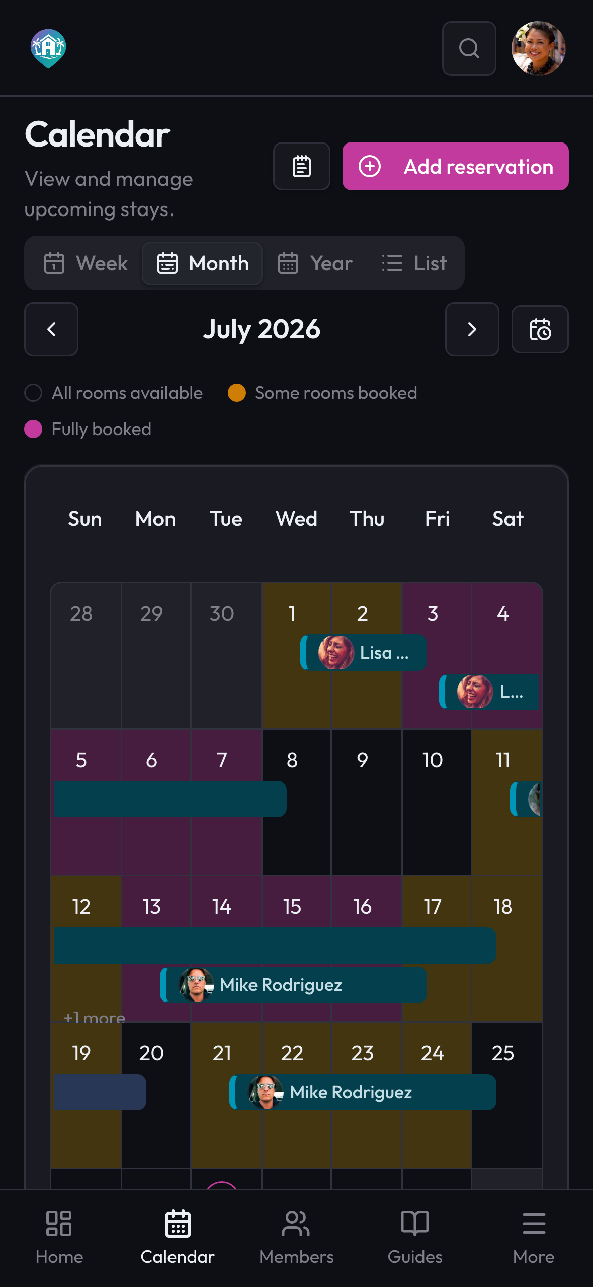 Holiday home calendar showing who's staying