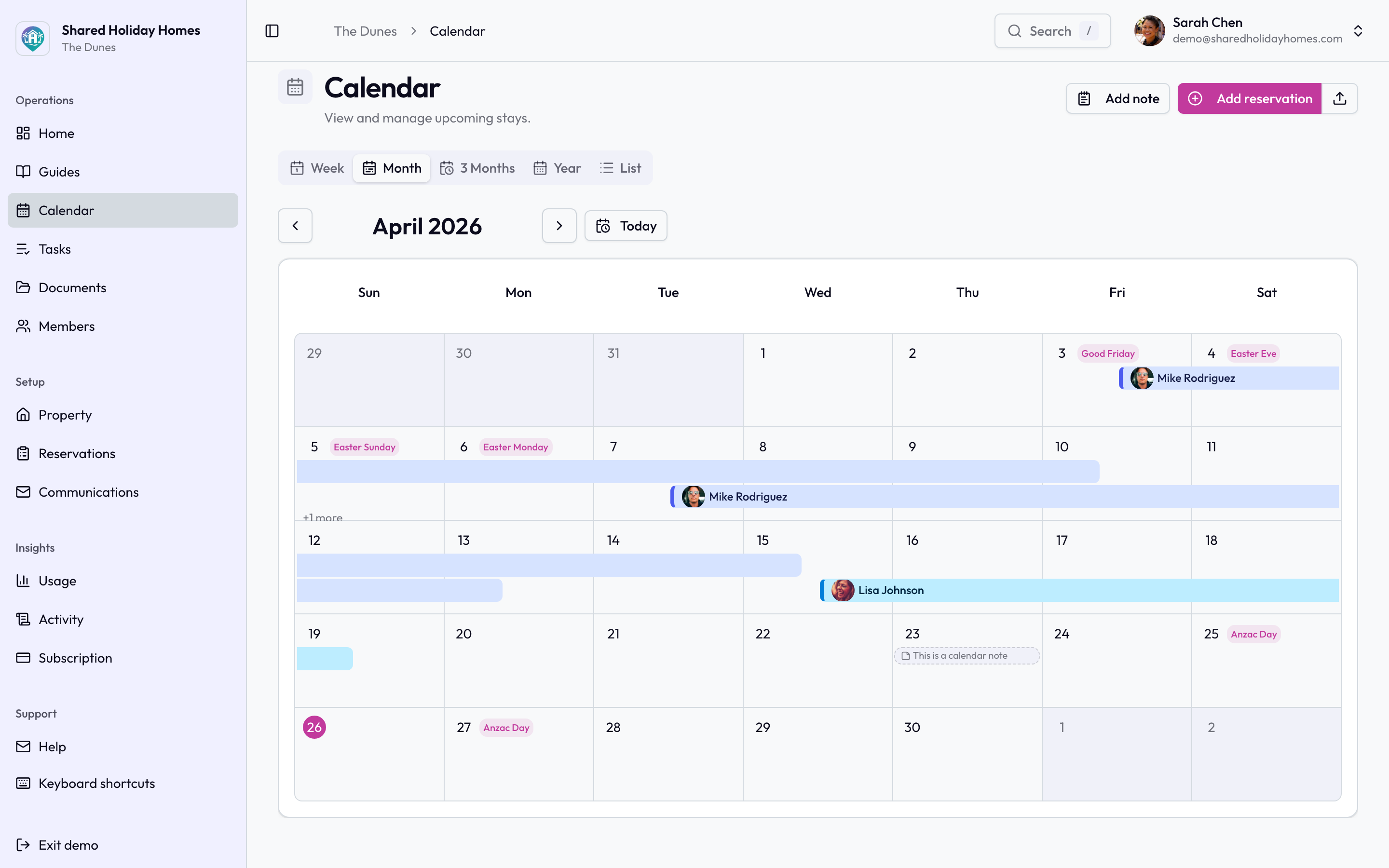 Holiday home calendar showing who's staying