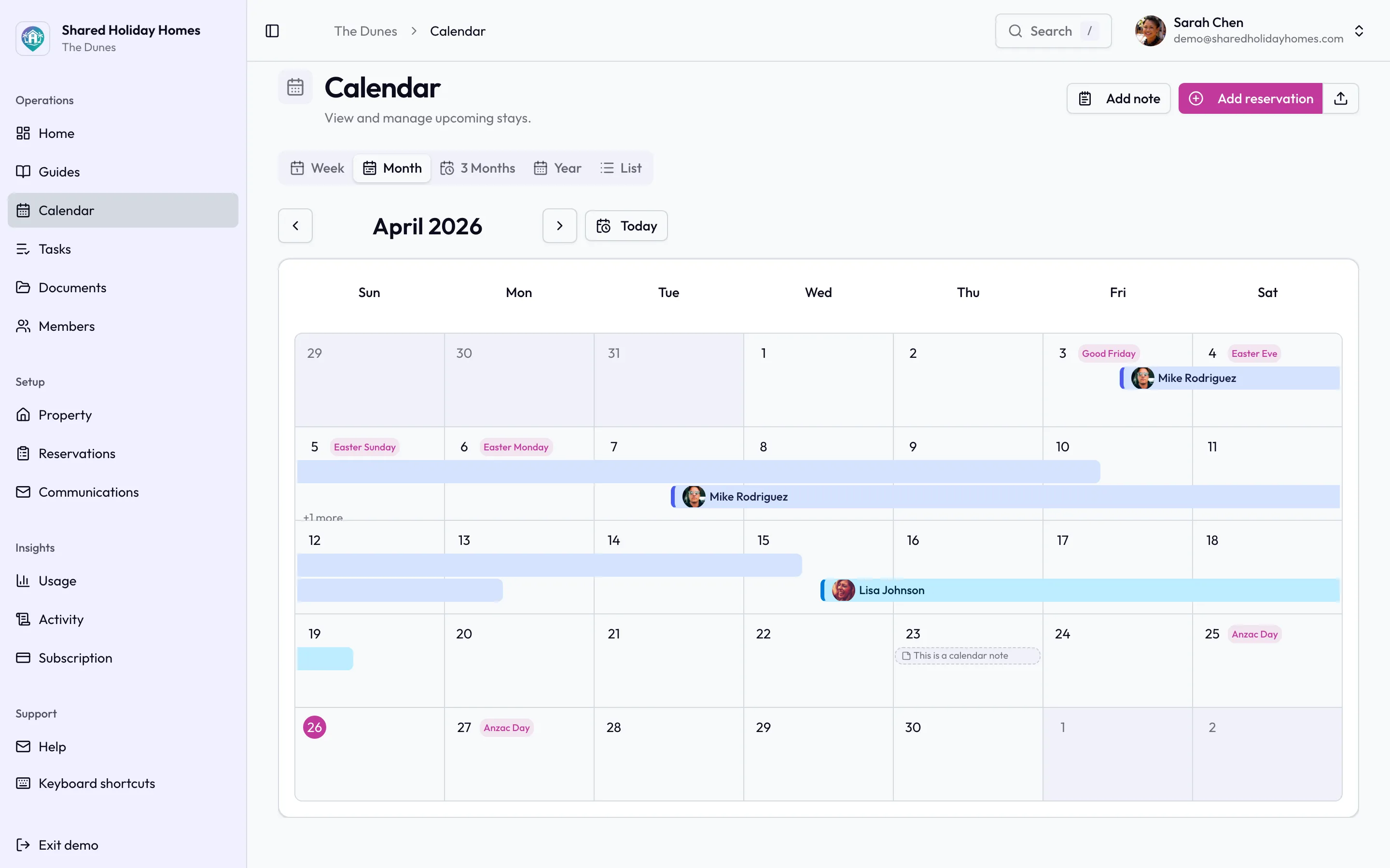 Holiday home calendar showing who's staying