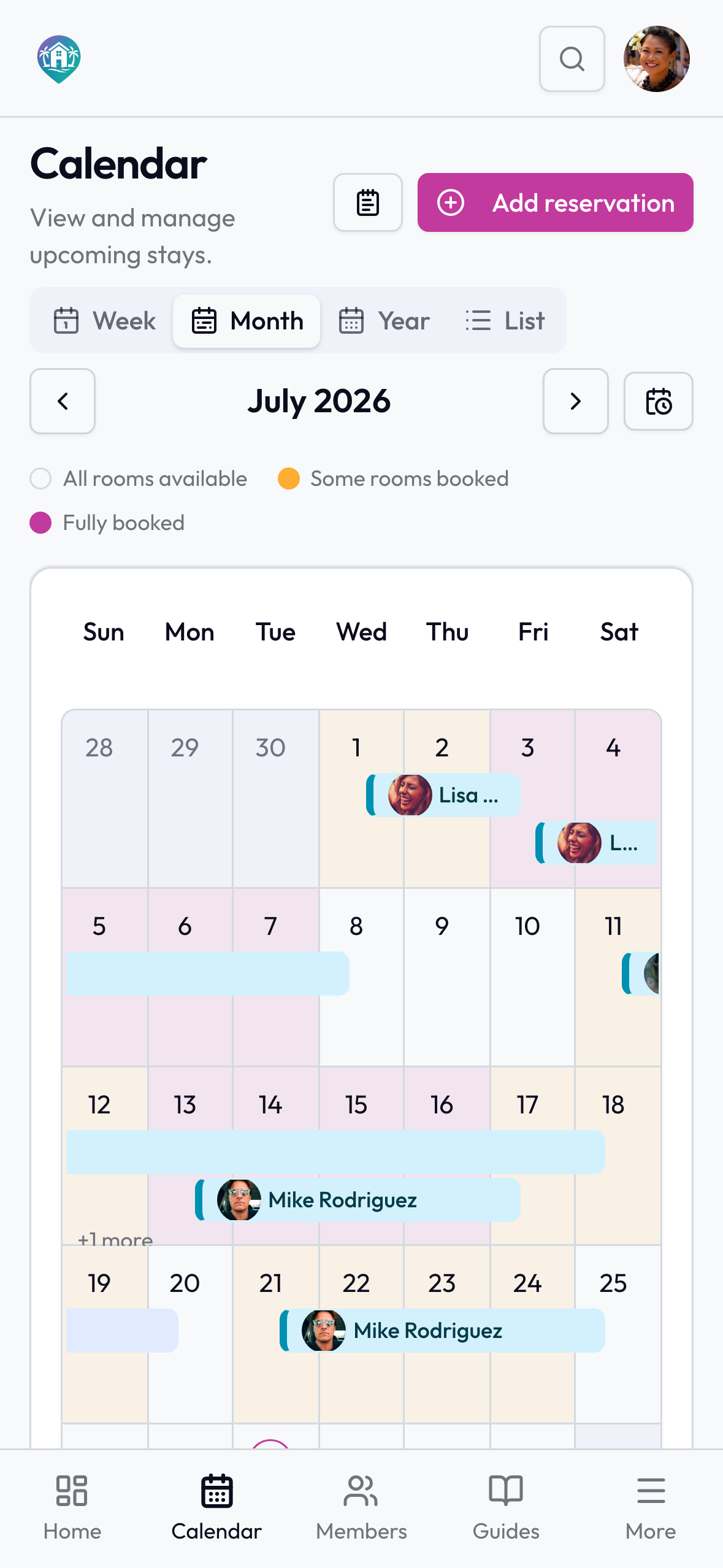 Holiday home calendar showing who's staying