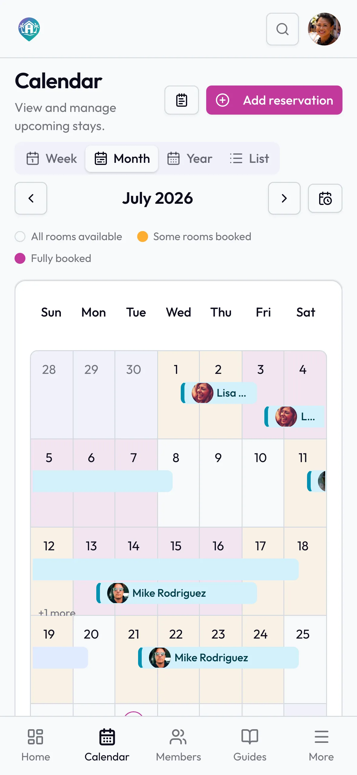 Holiday home calendar showing who's staying