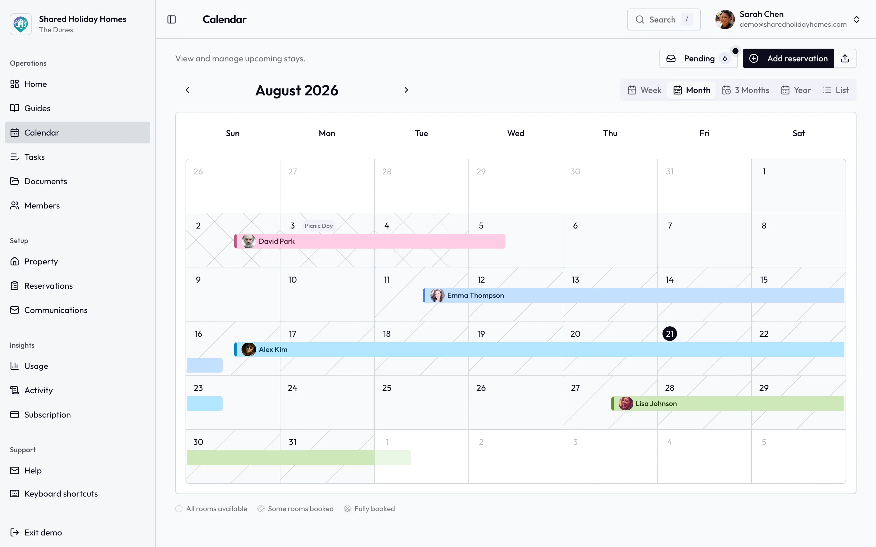 Holiday home calendar notes marking maintenance and other non-booking dates
