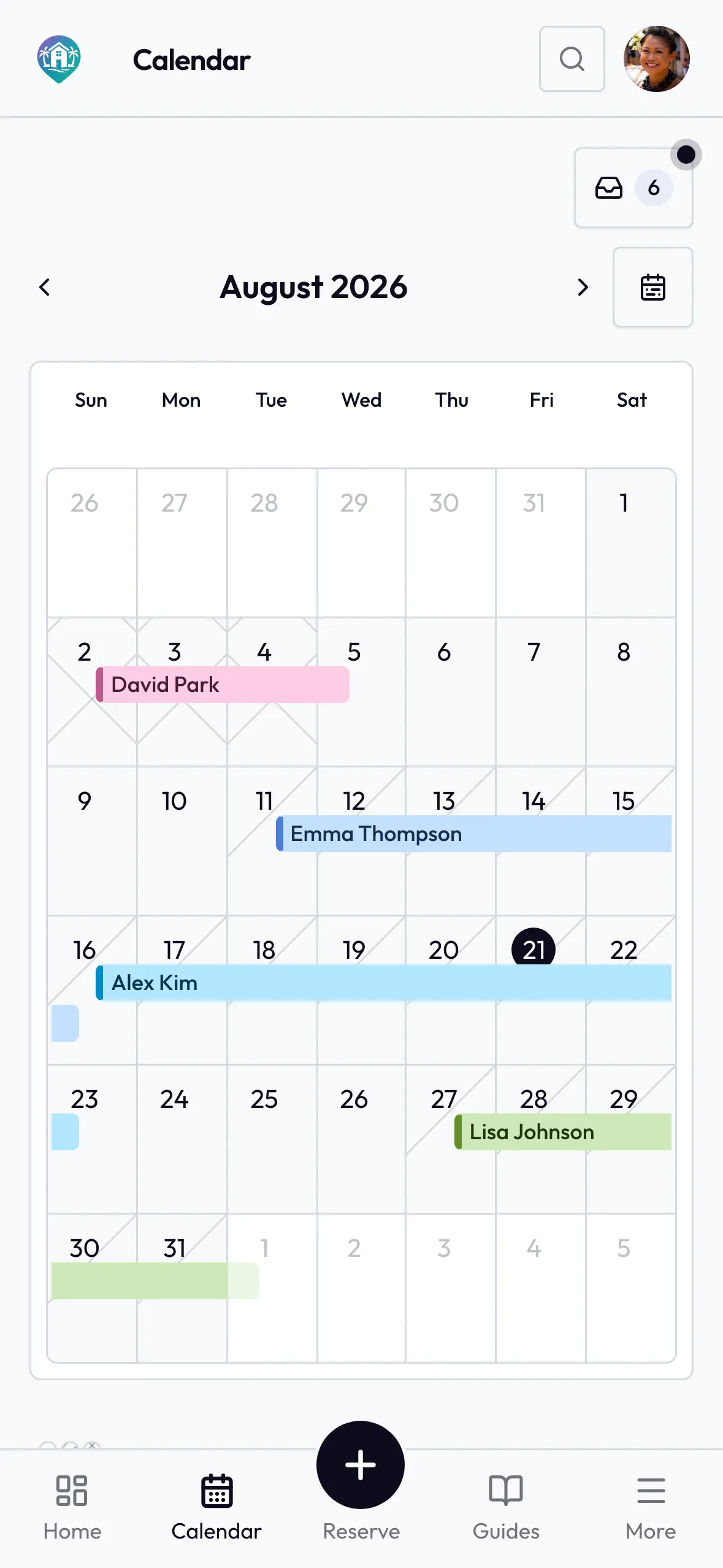 Holiday home calendar notes marking maintenance and other non-booking dates