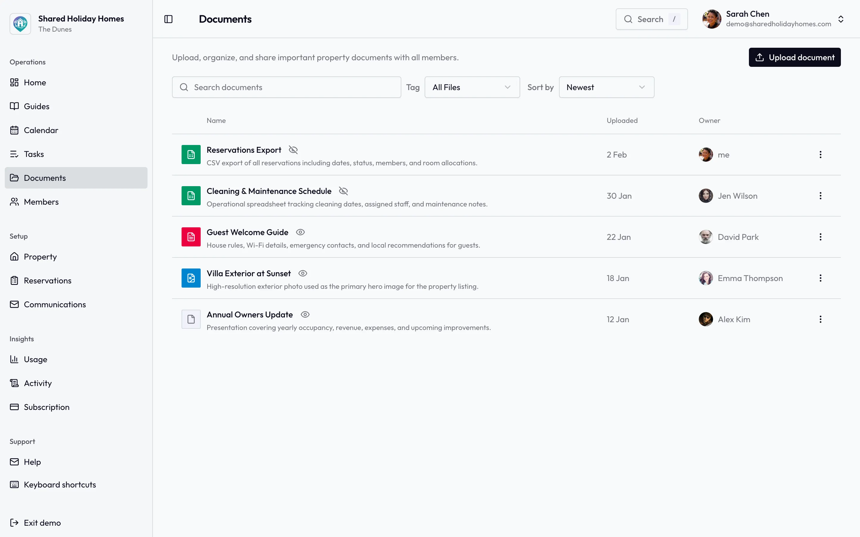 Document library for insurance, manuals, and other holiday home files