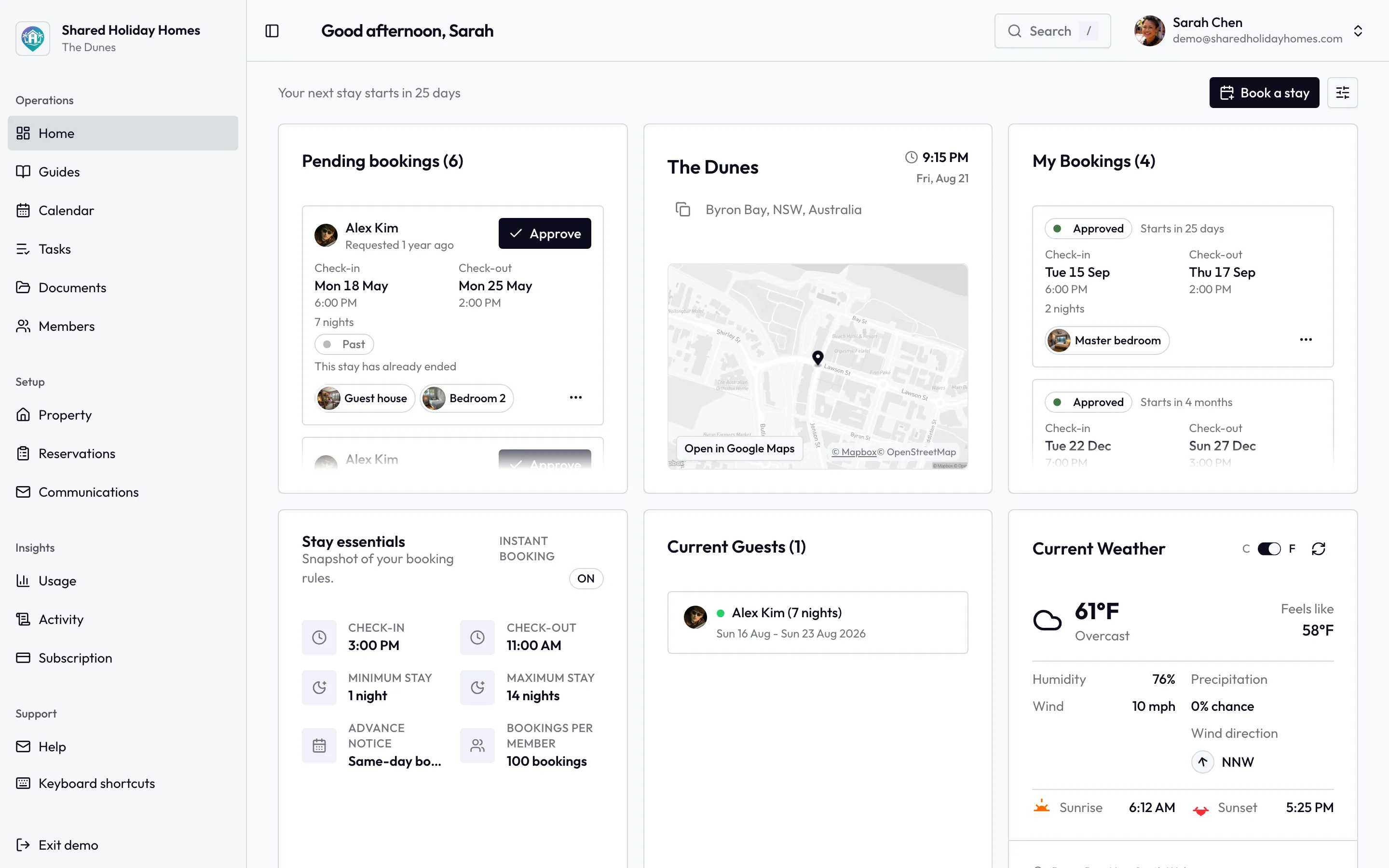 Holiday home dashboard showing today's stays, upcoming trips, and house updates