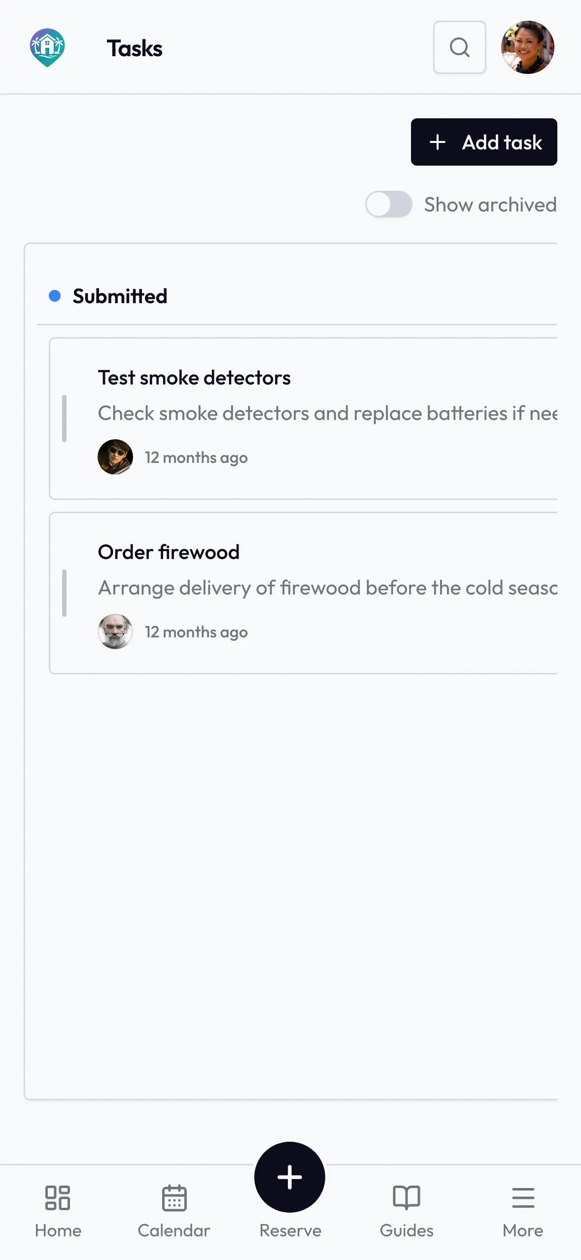 Shared holiday home task list with named maintenance jobs and due dates